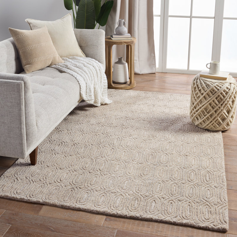 Tapis beige en laine touffeté à la main à motif géométrique Cedar, Rectangle 5 pi x 8 pi