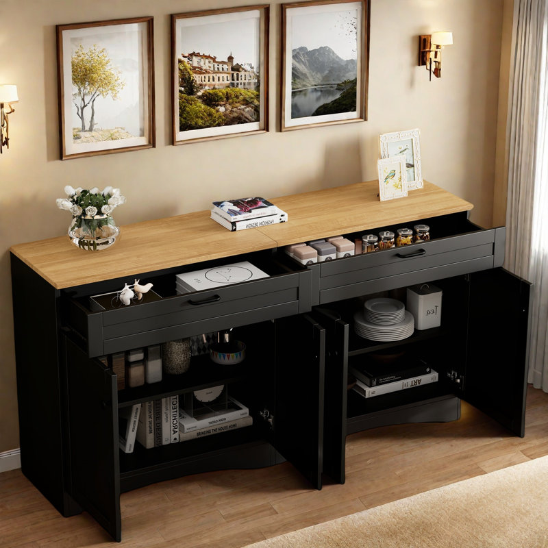Farmhouse Sideboard With Adjustable Shelves And Rustic Handles, Black