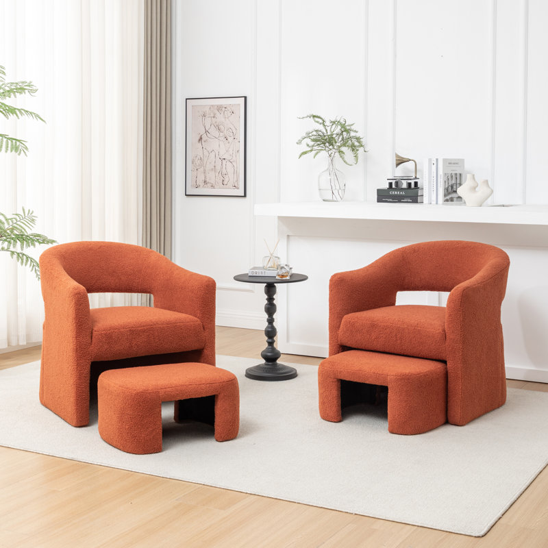Torrence Upholstered Barrel Chair With Ottoman, Orange Faux Fur