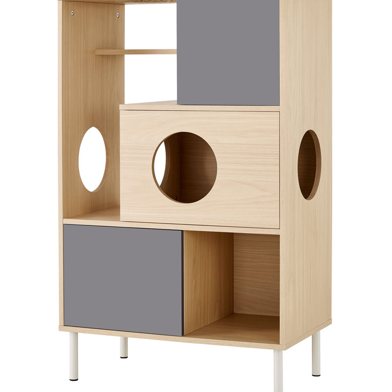 Élégante bibliothèque de rangement pour chat - attrayante, naturel et blanc, 27,38 po Profondeur, poids de 69,08 lb, hauteur de 42,23 et largeur de 15,46 po