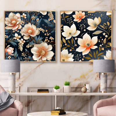 Vintage Flair - pêche et bleu sarcelle - éclat floral carré - ensemble de 2 collages floraux carrés