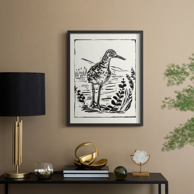 Linocut Style Seabird II, reproduction encadrée - bois massif