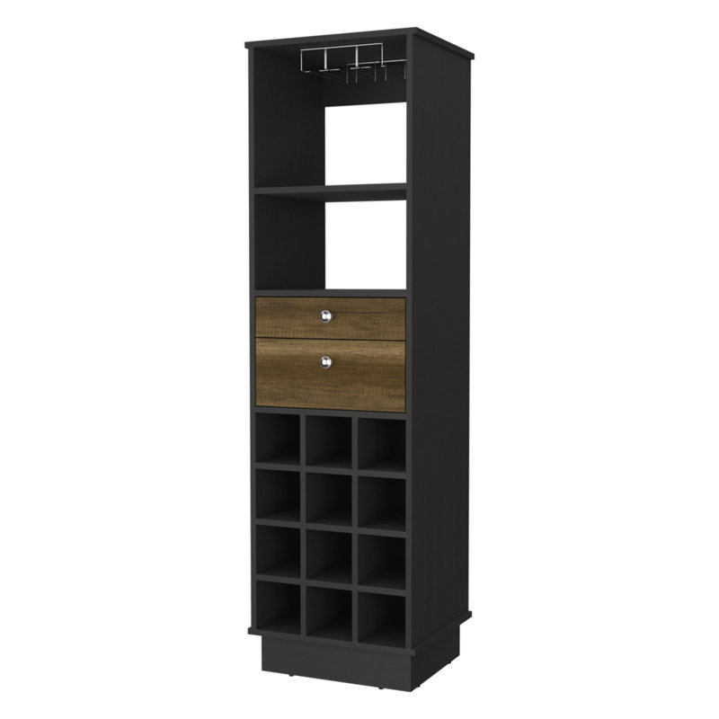 Black Wengue And Walnut 12-Bottle 2-Drawer 1-Shelf Bar Cabinet