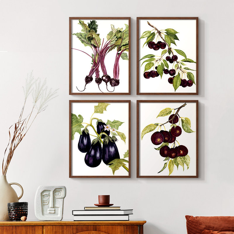 «Watercolor Beets», reproduction encadrée - ensemble de 4, Noyer, H 20 po x l 16 po