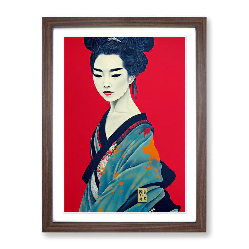 Charismatic Geisha - Wall Art, 66cm H x 48cm W x 2cm D, Walnut Framed, White