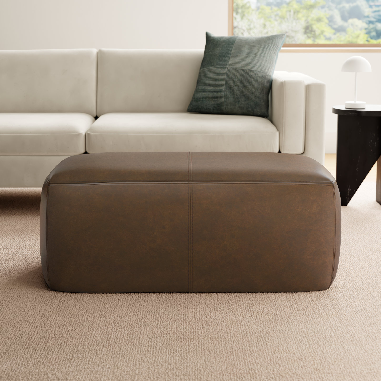 Denver Full-Grain Genuine Italian Leather Ottoman, Cocoa Brown Genuine Leather