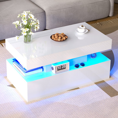 Coffee Table With Led Light, Modern High Gloss Finish Center Table With 2-tier Storage Space, Minimalist Coffee Table For Living Room, Office