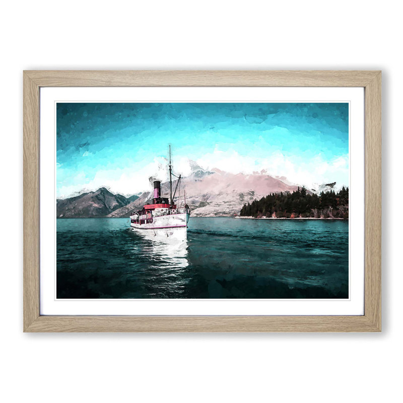 Boat on the Lake in New Zealand in Abstract - Picture Frame Painting Print, Oak Framed, 27cm H x 36cm W x 2cm D