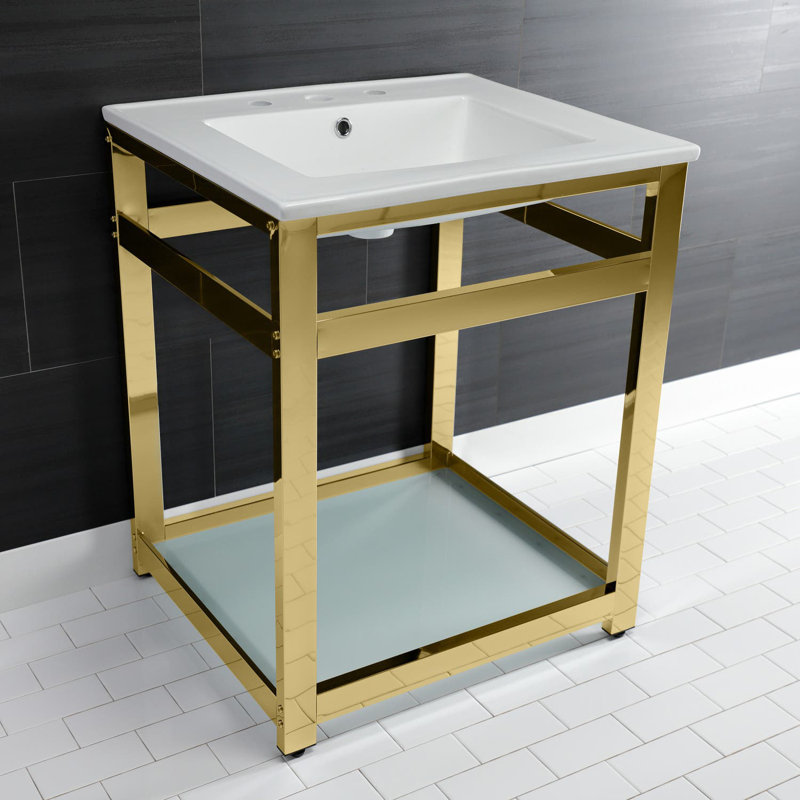 Quadras Ceramic Rectangular Console Bathroom Sink with Overflow, White/Polished Brass, 8" Centers