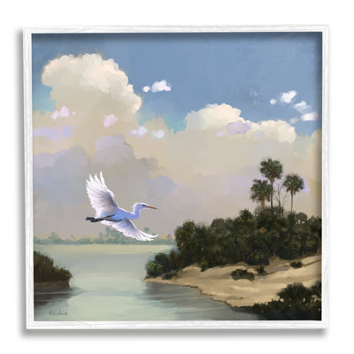 «Heron Flying over Coastal Inlet Nature» par Rick Novak - cadre flottant, impression sur bois
