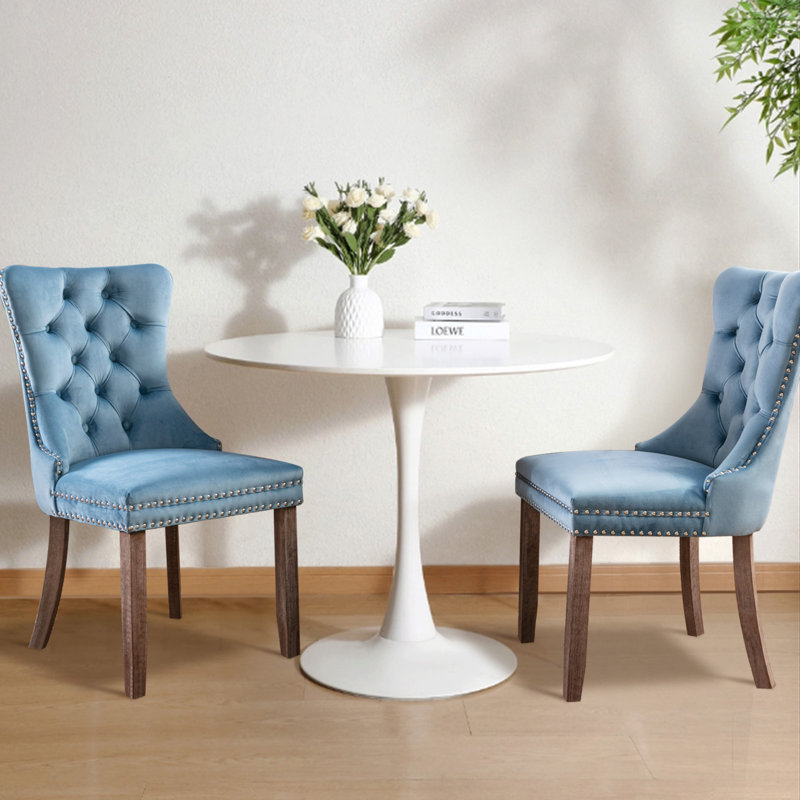 Ensemble de table de salle à manger rond avec 2 chaises , Bleu ciel / Brun, Blanc