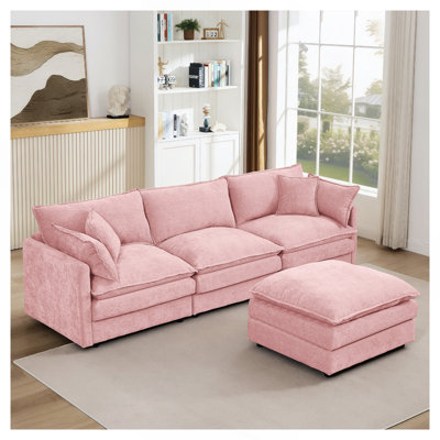 Canapé modulaire modulaire, ensemble de canapé en forme de L de 102 pouces pour le salon, canapé à 3 places confortable avec repose-pieds mobile, combinaison de bricolage, chenille, rose