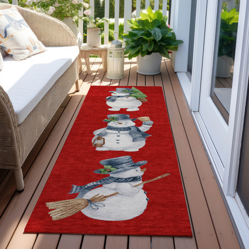 Machine Washable Indoor/Outdoor Christmas Snowman Xhevrie Red Rug, Runner 2'3" x 7'6"