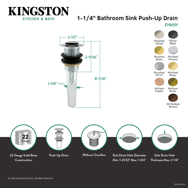 Drain de lavabo pour salle de bain à poussoir Kingston, Nickel brossé