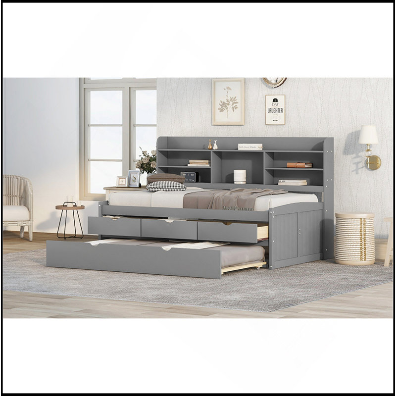Lit capitaine simple en bois avec bibliothèque intégrée, trois tiroirs de rangement et lit gigogne, Gris