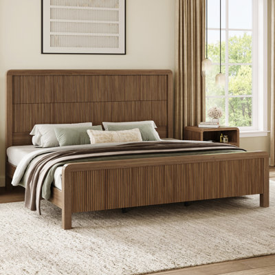 King Brown Wood Platform Bed with Curved Fluted Headboard & Footboard