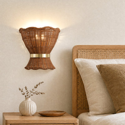 2-Light Handwoven Rattan Wall Sconce, Boho Wall Light with Gold Metal Accent for Bedroom Hallway Living Room