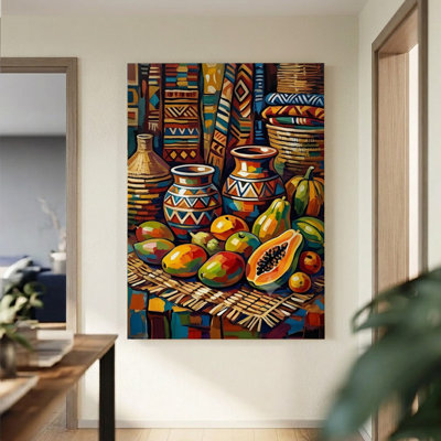 Tableau abstrait coloré sur toile, représentant des fruits et des vases à motifs, 61 x 91 cm (24 x 36 pouces), nature morte orange et bleue, idéal pour la cuisine, la salle à manger et le salon.