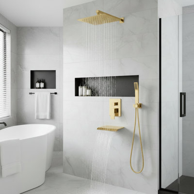 Robinets et systèmes de douche modernes, ensemble en métal doré brossé avec bec de baignoire en cascade