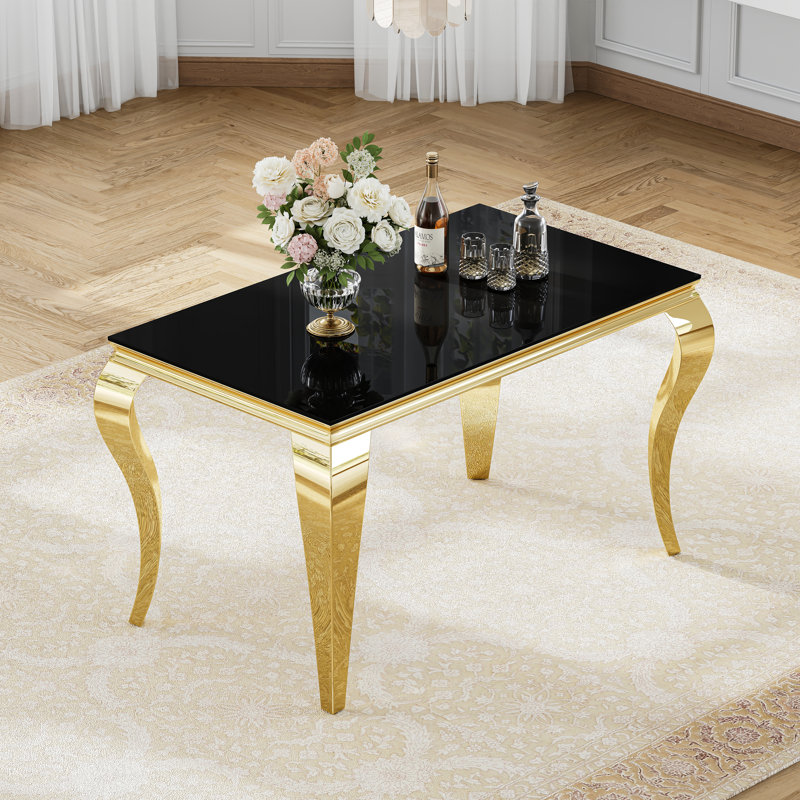 5-Piece Dining Set, 0.39" Black Glass Dining Table with Mirror Stainless Steel Legs, 4 Velvet Dining Chairs with Nailhead Trim and High-Density Foam Padding