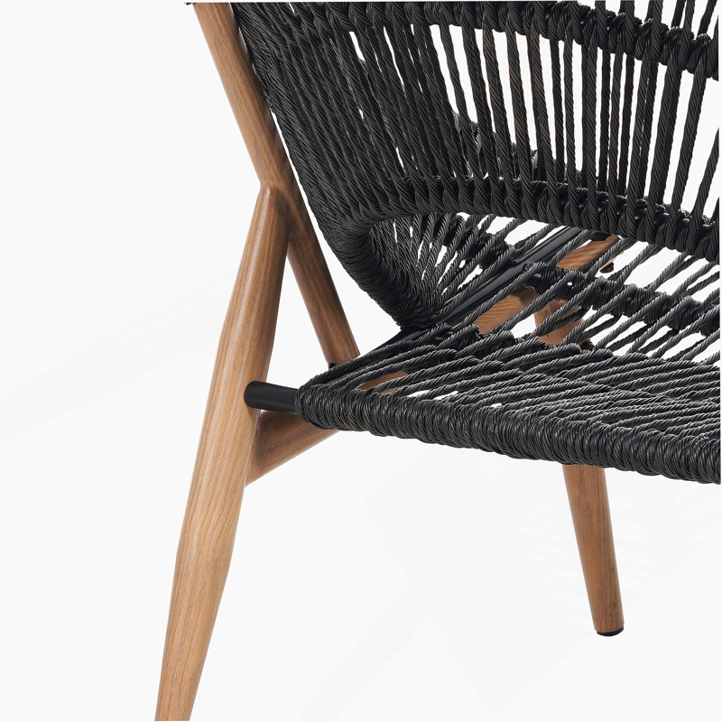 Chaise longue d'extérieur en osier de style Papasan, osier avec coussin, ensemble de 2, Gris foncé, Gris foncé / teck