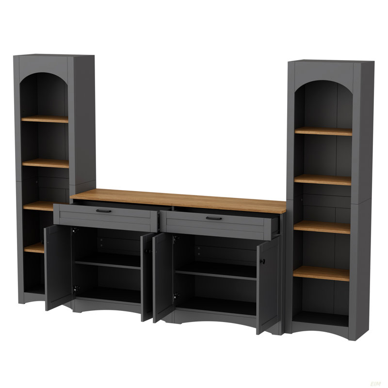 3-Piece Farmhouse Entertainment Center With Storage Cabinet For Tvs Up To 70", Mid-Century TV Stand With Bookshelf, Rustic Versatile Sideboard With Adjustable Shelves For Living Room (Bookshelf)