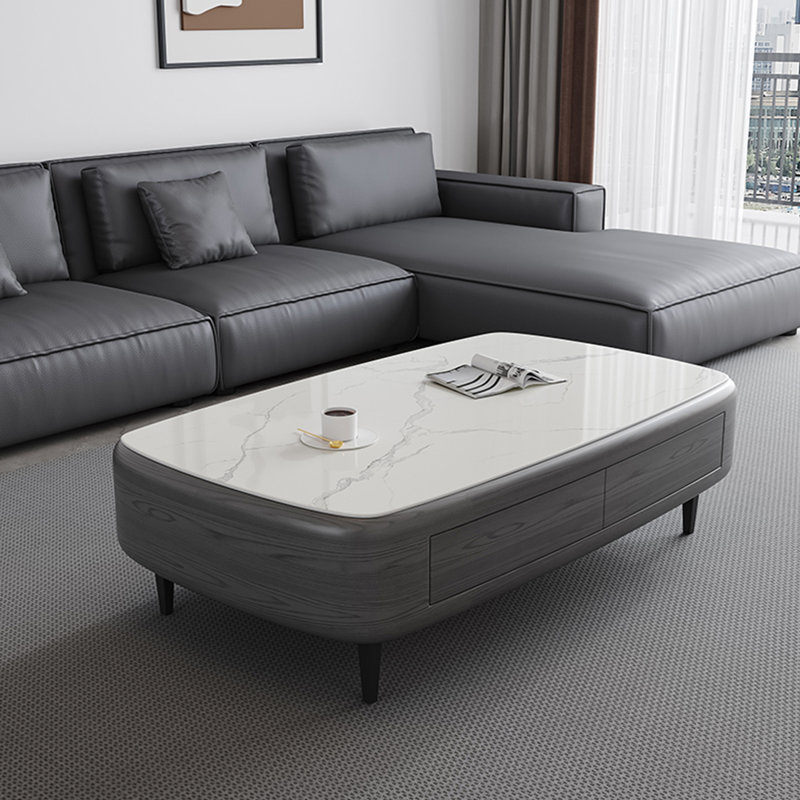Table basse à dessus en pierre avec coins arrondis, H 16,92 po x L 59,05 po x l 33,46 po, Blanc
