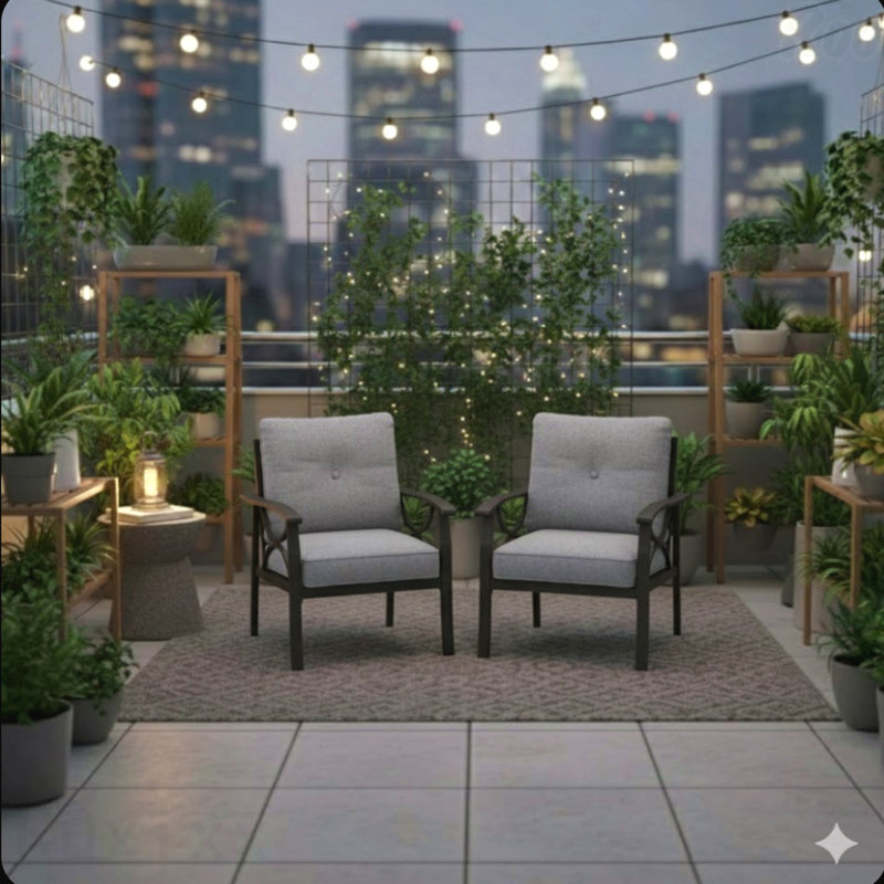 Set Of 2  All-Weather Metal Armchairs, Khaki Frame With Gray Cushions, Gray, Khaki