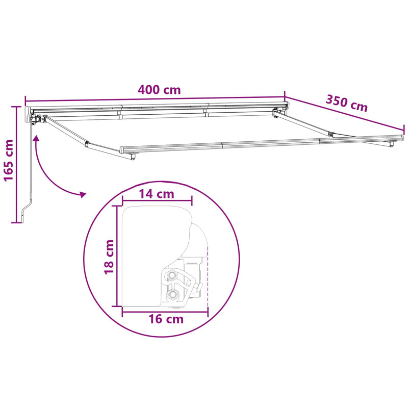 VidaXL Polyester Cover Retractable Patio Awning, Sand, Solid Colour, 165cm H x 400cm W x 350cm D