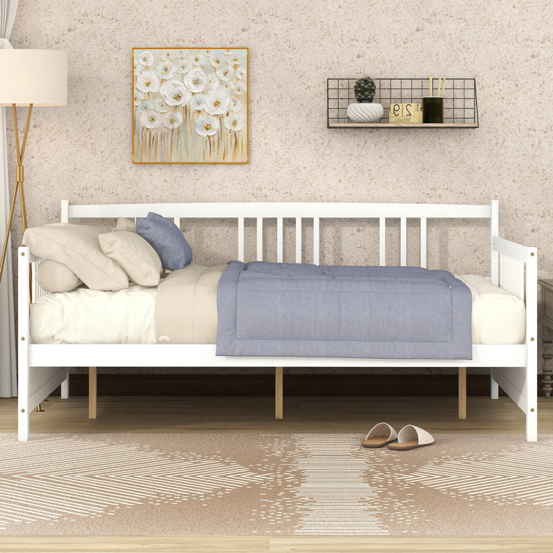 Lit de jour pleine grandeur avec pieds de soutien, blanc, robuste et, pour la chambre à coucher et le salon, cadre de rangement blanc durable et supplémentaire, inclus