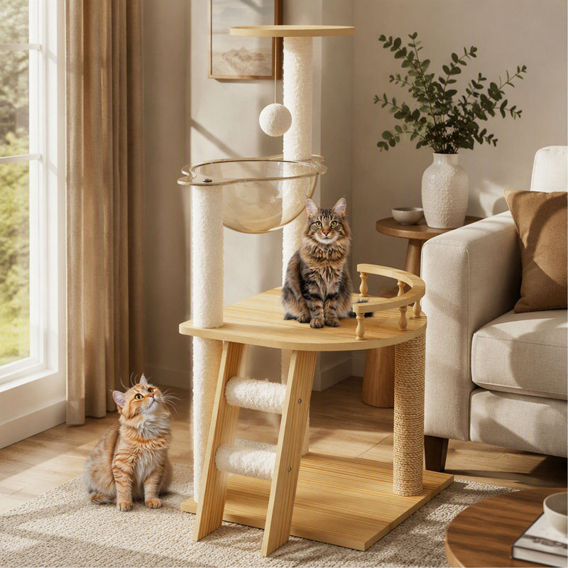 Arbre à chat, 105 cm (41,3 po), design moderne en bois pour chats d'intérieur avec poteaux à griffer recouverts de sisal, perchoir supérieur et hamac en acrylique