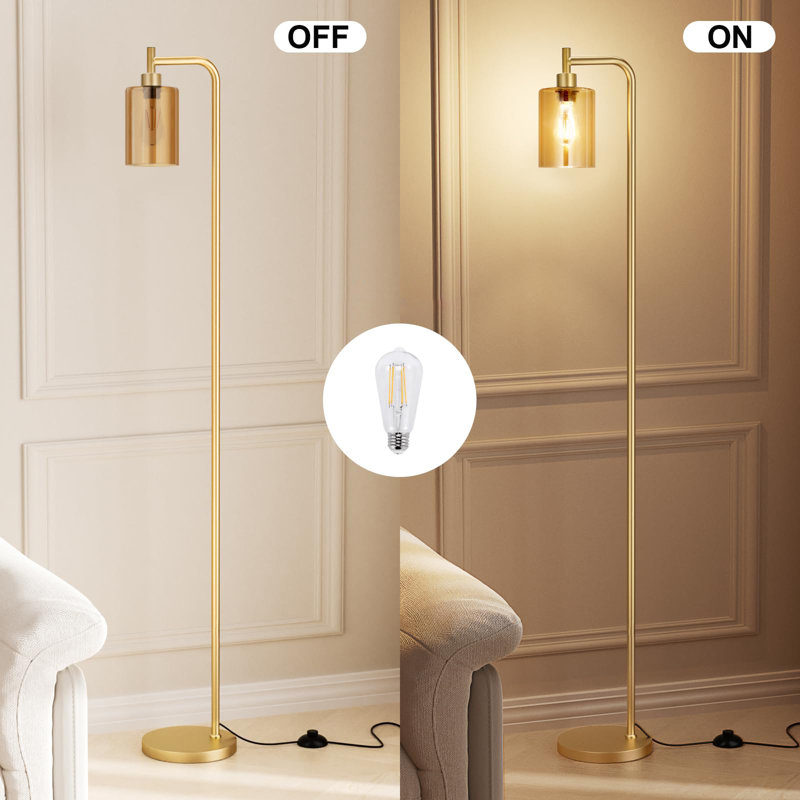 Floor Lamps For Living Room - Industrial Standing Lamp With Glass Shade, Modern Floor Lamp With Led Bulbs, Amber, Gold