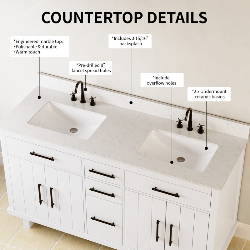 60" Fully Assembled Double Bathroom Vanity with Engineered Marble Top, White, White