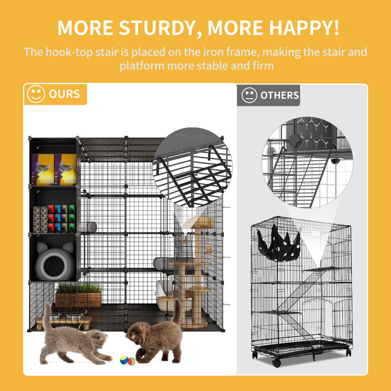 Tucker Murphy Pet™ Large Cat Cage With Storage Cube DIY Indoor Catio Cat Enclosures Metal Cat Playpen With Large Hammock
