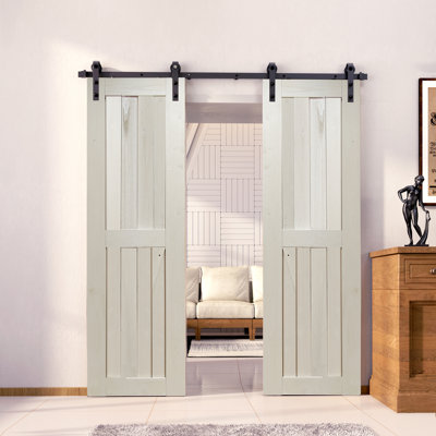 Porte en bois de pin non assemblé H Design avec quincaillerie d'installation rustique noire à deux portes