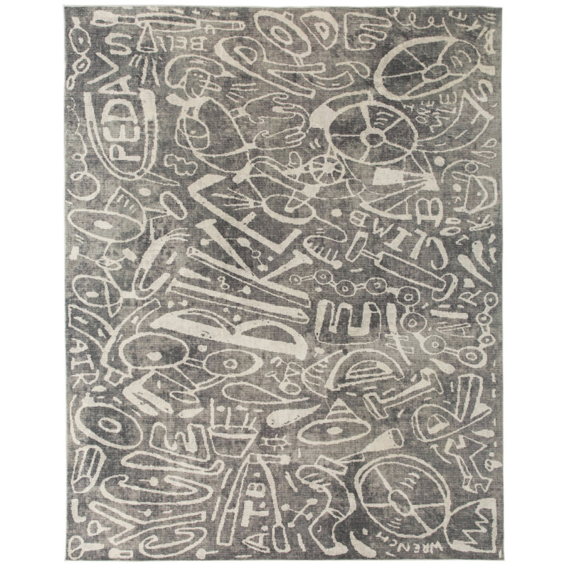 Tapis gris en polyester tissé à la machine Sportsglyphs, Rectangle 4 pi x 6 pi