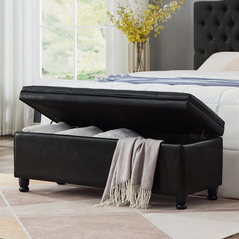 Banc de rangement rembourré capitonné à boutons, banc d'entrée en similicuir avec pieds en bois fuselés, banc de lit - noir