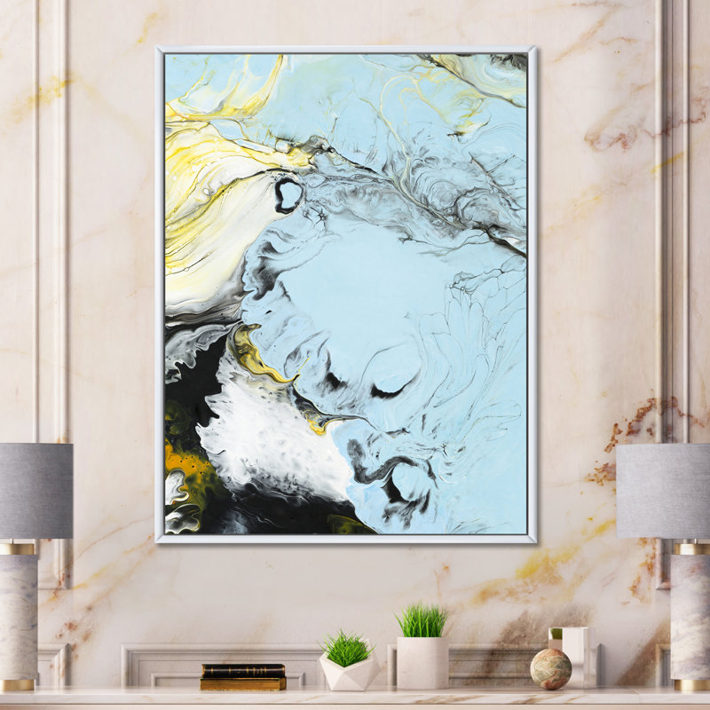 Encre de marbre bleu clair, jaune et noir - reproduction sur toile, Toile à cadre flottant blanc, H 20 po x l 12 po