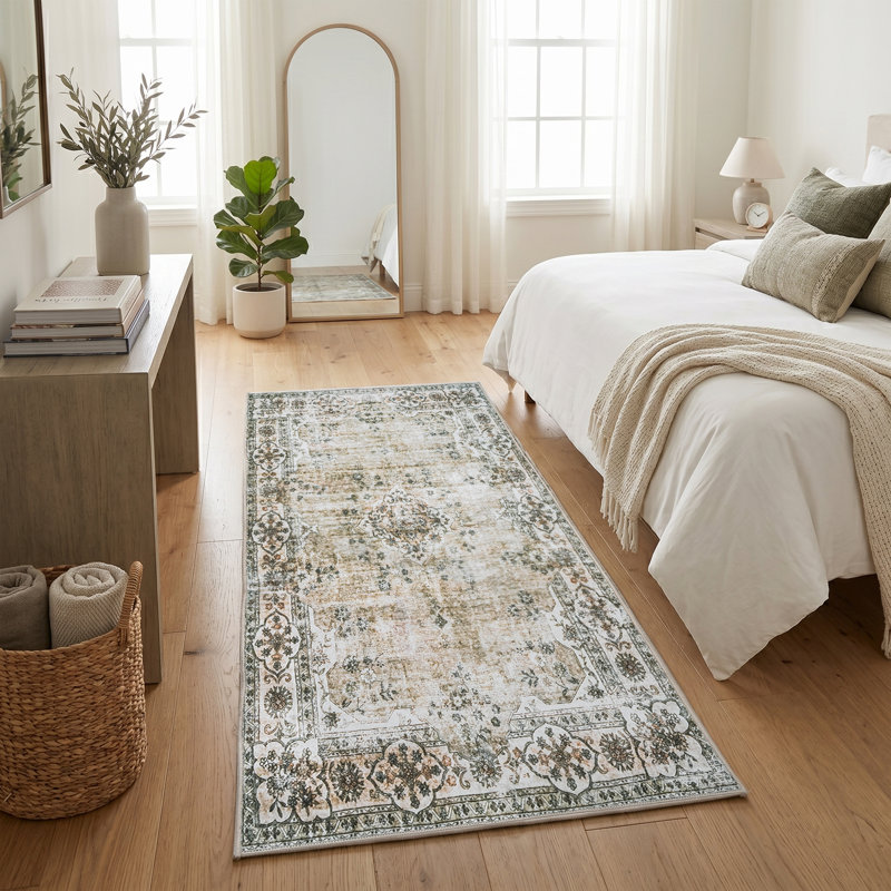Tapis oriental lavable à la machine Royalton en vert / beige / crème, Tapis de couloir 2 pi x 6 pi