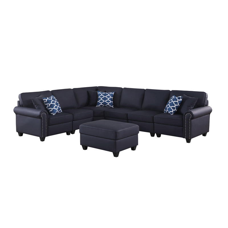 Bozhanka Artificial Leather Modular Sectional With Ottoman, Black Faux Leather