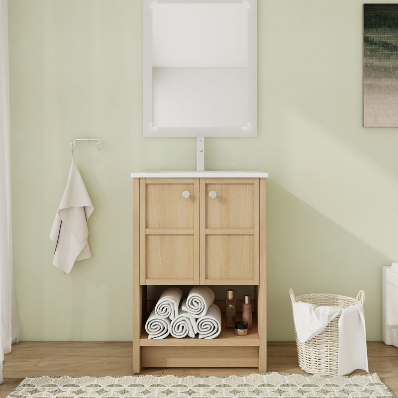 Meuble-lavabo simple autoportant 24 po avec plateau en céramique et portes à fermeture en douceur 24 po, 24"