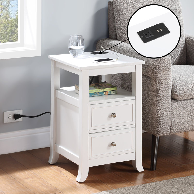 Table de bout à 2 tiroirs Ashrith 24 po avec port USB intégré, Blanc