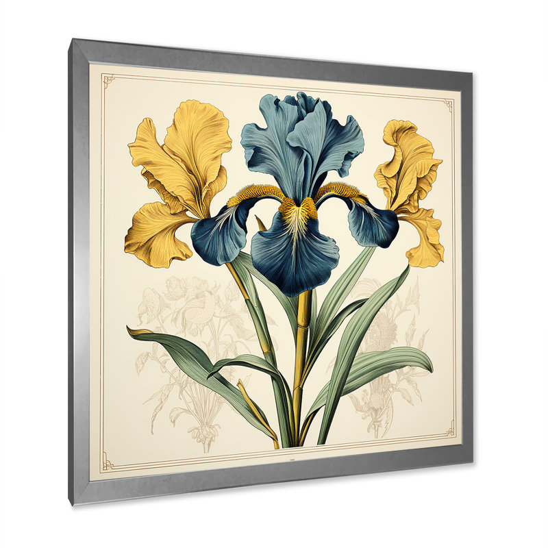 Illustration rétro d'iris bleus jaunes sur toile, Cadre simple argenté, H 16 po x l 16 po x P 1 po