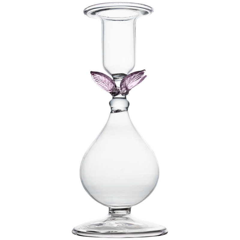 Bougeoir transparent La BoHeme, avec feuilles roses, Clair