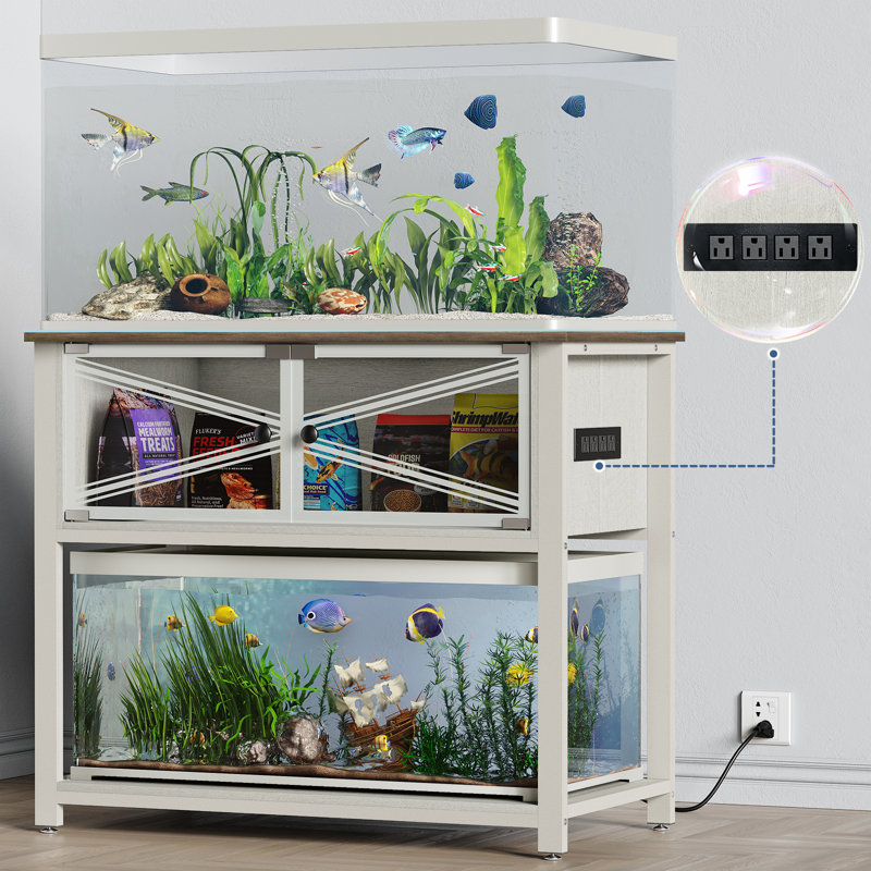 White Heavy Duty Metal Aquarium Stand with Storage Cabinet and LED Light