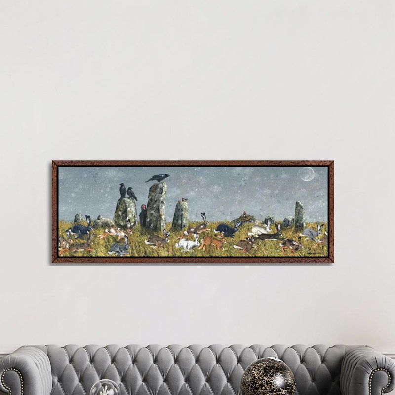 The Running Of The Hares by Maggie Vandewalle - Panoramic Painting on Canvas, Classic Brown Wood Framed