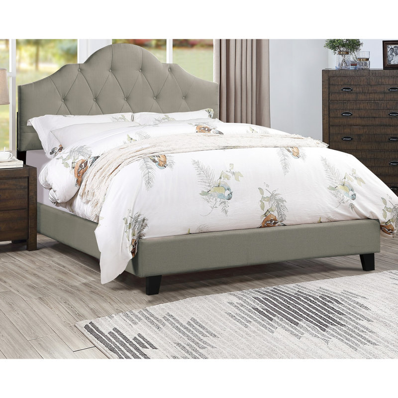 Grand lit tapissier gris, cadre de lit en bois arqué, tête de lit réglable, taille moderne