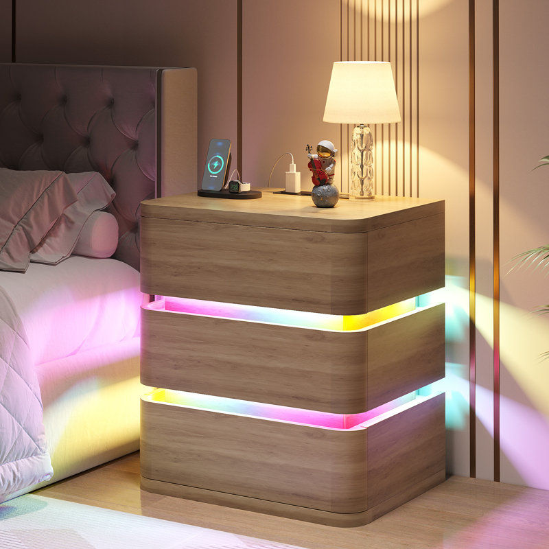 Fully Assembled 3-Drawer Nightstand with Charging Station and Motion Sensor RGB Light, Curved Profil, Natural