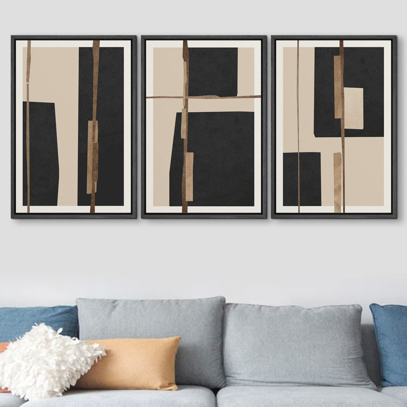 «Mid-Century Black Polygon Squares Abstract Shapes Illustration Modern Art Bohemian Nordic» 3 pièces, H 24 po x l 16 po