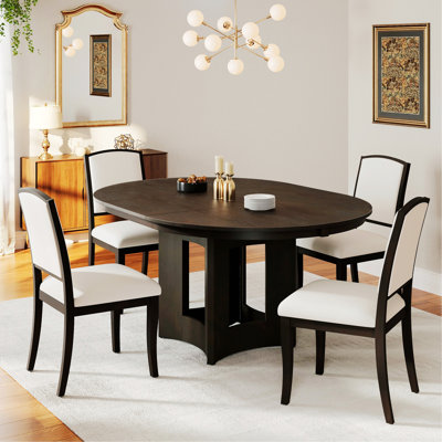 Farmhouse Extendable Round Dining Table Set for 4, 4 Chairs with 1 Table for Dining Room